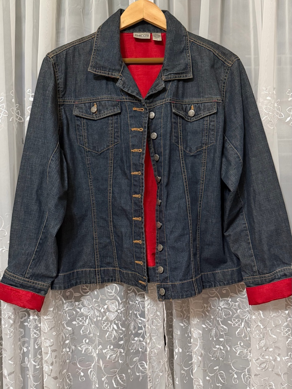 Denim Jacket- Chico Red, White Blue. Size XL